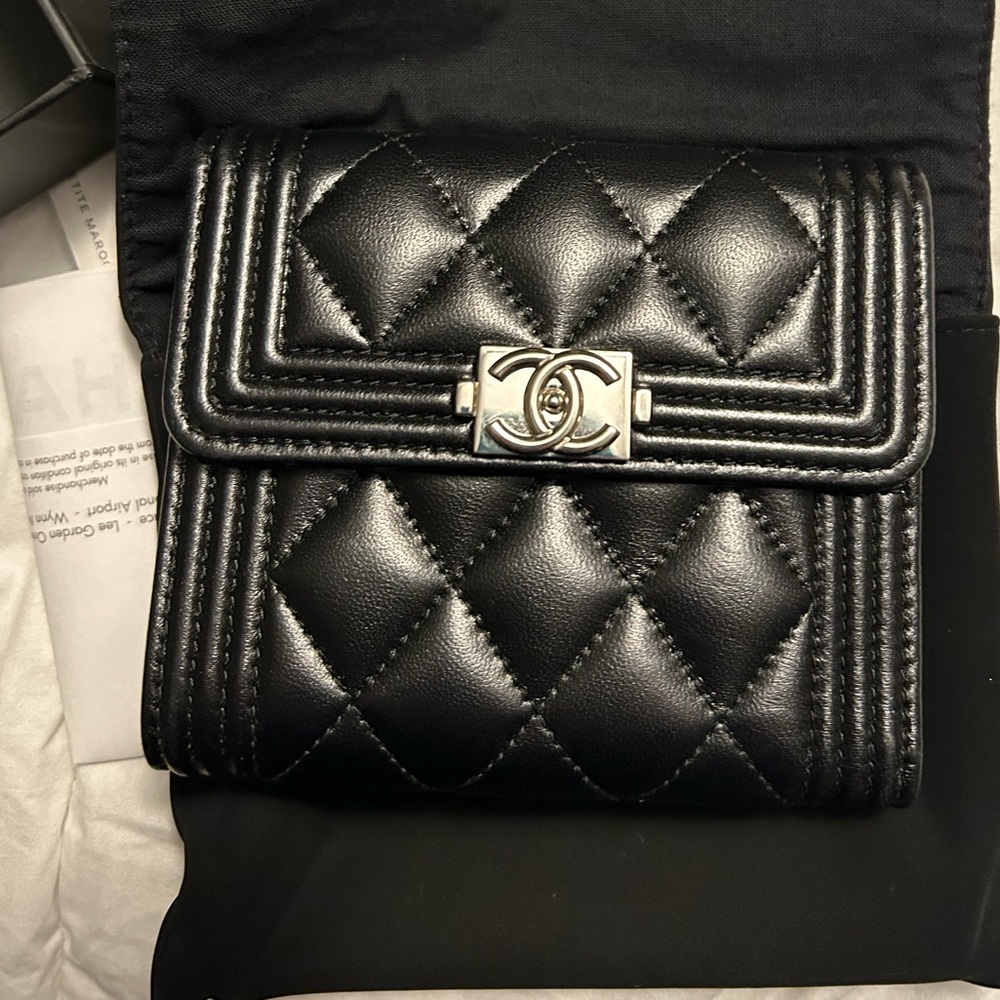Chanel Boy Trifold Wallet- Black Lambskin with Silver Hardware